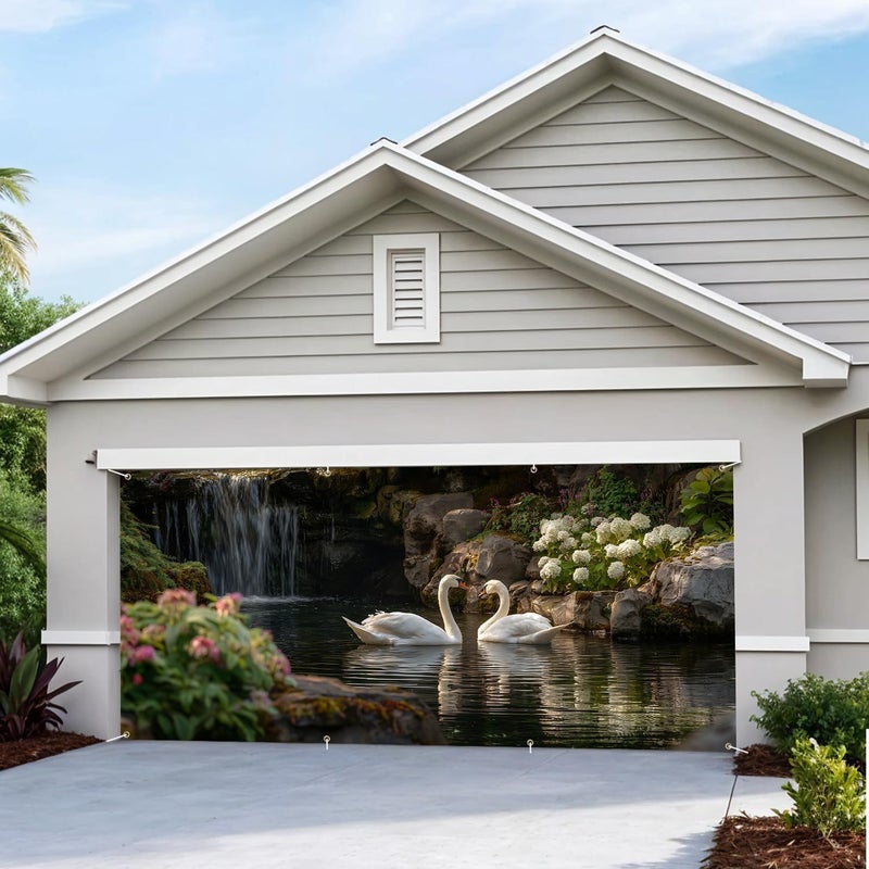 THISFIND Elegant Swan Pond Garage Door Banner – Romantic Waterfall Scene with Floral Garden for Outdoor Home Decor - Image 5